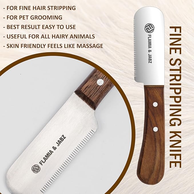 FLAMIA & JABZ Professional Dog Grooming Hand Stripping Knife, Stripper Trimmer Tool, Red Meranti Wooded Handle non slip grip with Tripping Stainless Steel blade (3 Piece Pack, Right Handed)
