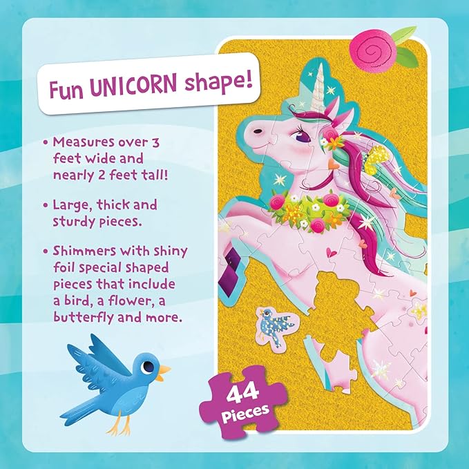 Peaceable Kingdom Shimmery Unicorn Floor Puzzle - 44-Piece Giant Floor Puzzle for Kids Ages 3 & up - Fun-Shaped Puzzle Pieces - Great for Classrooms