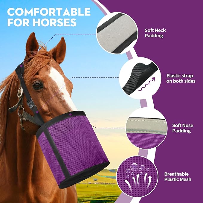 Horse Feed Bag for Grain, Breathable Mesh Feed Bags for Horses, Muzzle Feedbag for Feeding Grain, Anti-Spill Design Feeder, Soft Neck Pad Nose Pad, Universal Fit (Purple Pack of 1)