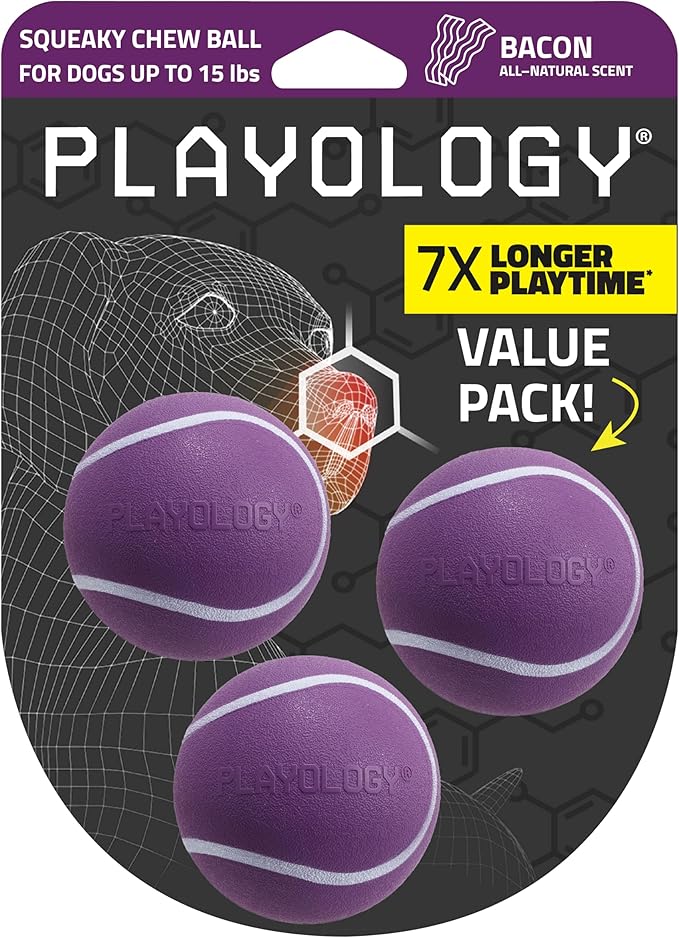 Playology Dog Toys | Squeaky Chew Ball for Dogs, Value 3-Pack | Bacon Scented Small Dog Balls | Bouncy Floating Chew Toys for Fetch