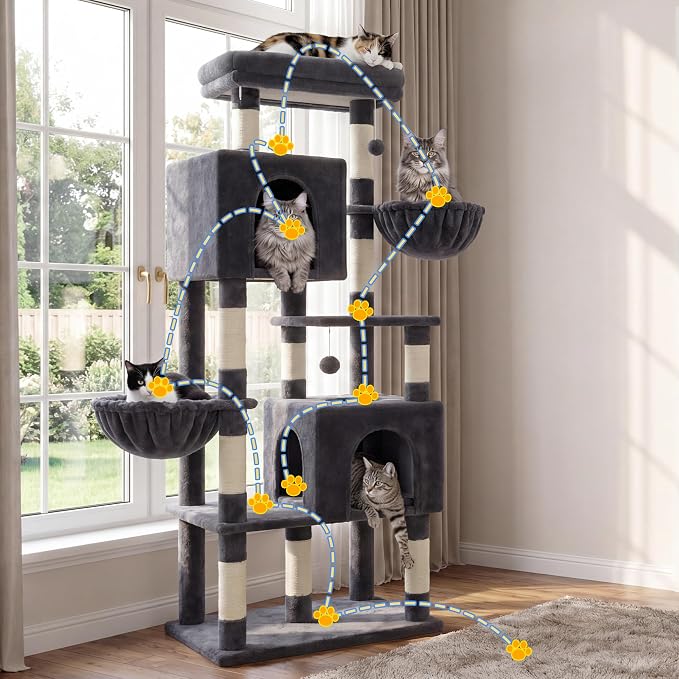 Heybly 68.1" Cat Tree with Oversized Top Platform & Wide Base, Heavy Duty Cat Tower for Large Indoor Cats with 2 Condos, 2 Hammocks, 10 Sisal Scratching Posts, Stable Cat House, Smoky Gray HCT059G