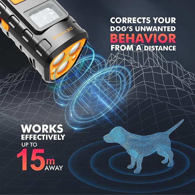 DEVOGUE® Anti Barking Device for Dogs-Dog Bark Deterrent Devices- 4 Training Modes – Rechargeable, Ultrasonic Control Bark Deterrent Devices with 12–15m Range (Three Head)