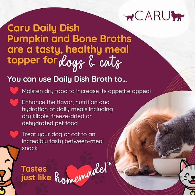 Caru - Daily Dish Chicken Bone Broth - Meal Topper for Dogs & Cats - Supports Overall Pet Health - Pour-Over Broth for Wet/Dry Food - Human Grade Ingredients - Non-GMO - Made in USA - 12 Pack