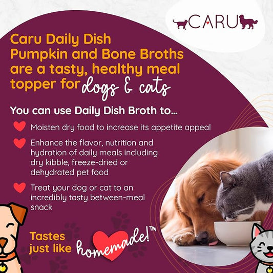Caru - Daily Dish Pumpkin, Beef & Chicken Bone Broth - Meal Topper for Dogs & Cats - Supports Overall Pet Health - Pour-Over Broth for Wet/Dry Food - Human Grade Ingredients - 12 Pack Variety