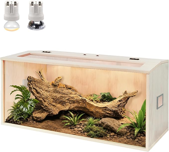 PROLEE Bearded Dragon Tank,Wooden Reptile Tank and Lizard Tank,Tempered Glass Large Bearded Dragon Enclosure with Built-in Lamp Fixture (32X16X16inch,34 Gallons)