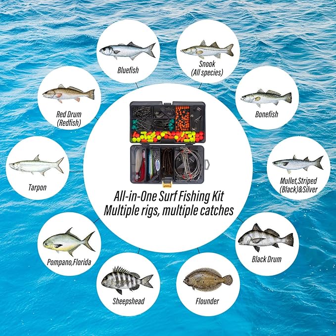 Dr.Fish 269 Pieces Surf Fishing Tackle Box Kit, Saltwater Ocean Beach Fishing Gear Supplies, Lure&Rig Accessories, Bucktail Jigs Saltwater Lures Walking Bait Surf Casting Pyramid Sinkers