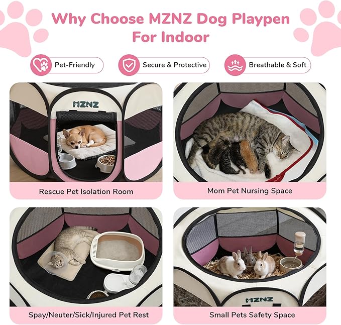 Dog Playpen, Portable Puppy Pet Crate Indoors for Small/Medium/Large Dogs Cats Rabbits, Foldable Dog Cage Enclosure for Outdoor, Pop Up Dogs Tent Kennel with Carrying Case, Pink