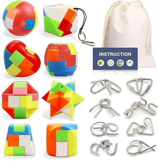 16 Pack Brain Teasers Puzzles for Kids & Adults, Brain Teasers Metal IQ Toys Puzzle Mind Game 3D Coil Cast Wire Unlock Interlock Magic Ball Puzzles for Teenagers