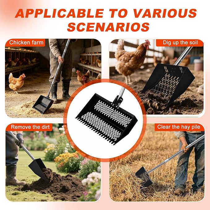 17inch Width Heavy Duty 2-in-1 Chicken Poop Scooper & Rake, Stainless Steel Chicken Coop Litter Sifting Shovel with Ergonomic Grip & Adjustable Angle, Sand Scoop for Coop, 37-54 Inch (17inch)