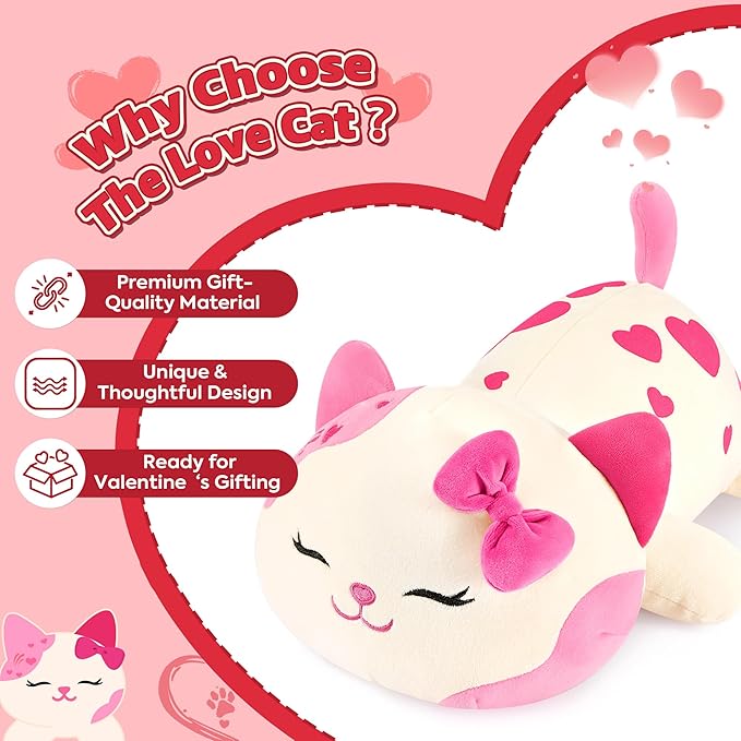 Onsoyours Original Cat Plush with Bowknot Cute 20 inch Kitten Stuffed Animal Soft Pillow Pink Kawaii Kitty Heart Plush Toy Gifts for Kids & Adults (Pink Cat, 20")
