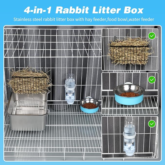 YUEPET 4-in-1 Large Rabbit Litter Box, Non-Slip Stainless Steel Litter Boxes with Sifting Grid & Hay Feeder Food Bowl, Easy Cleaning Bunny Litter Box with Odor Control for Rabbits Small Pets（S）