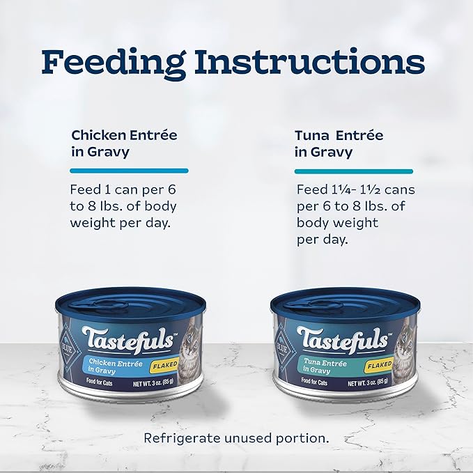 Blue Buffalo Tastefuls Wet Cat Food, Made with Natural Ingredients, Tuna and Chicken Flaked Entrées in Gravy, 3oz Cans, 4-Count Variety Pack Trial Size
