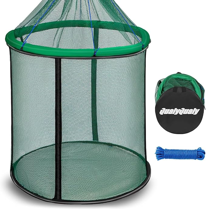 QualyQualy Floating Fish Basket 41/73 Gallons Extra Large for Live Caught, Fully Foldable Fishing Net Holder for Bait Live Well Collapsible Mesh Fishing Holder Cage