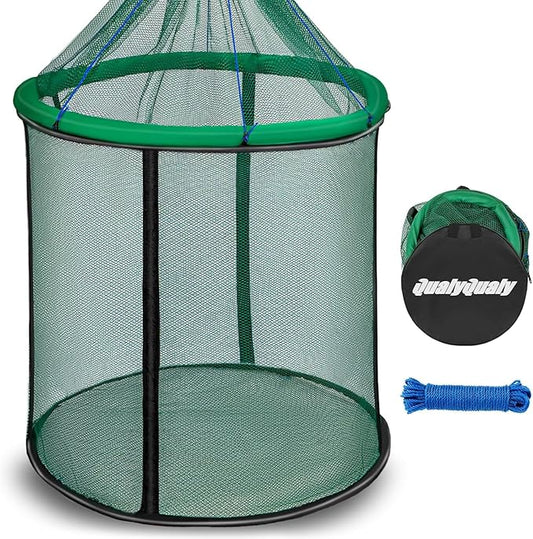 QualyQualy Floating Fish Basket 41/73 Gallons Extra Large for Live Caught, Fully Foldable Fishing Net Holder for Bait Live Well Collapsible Mesh Fishing Holder Cage