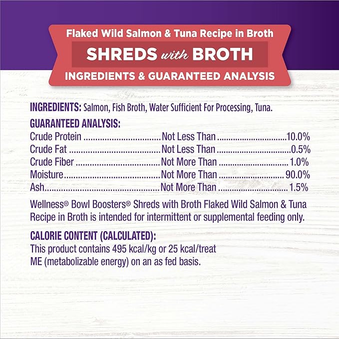 Wellness Bowl Boosters Shreds with Broth Wet Cat Food Topper, Grain Free, Natural, Flaked Salmon and Tuna Recipe, 1.75 oz, Pack of 12 Pouches