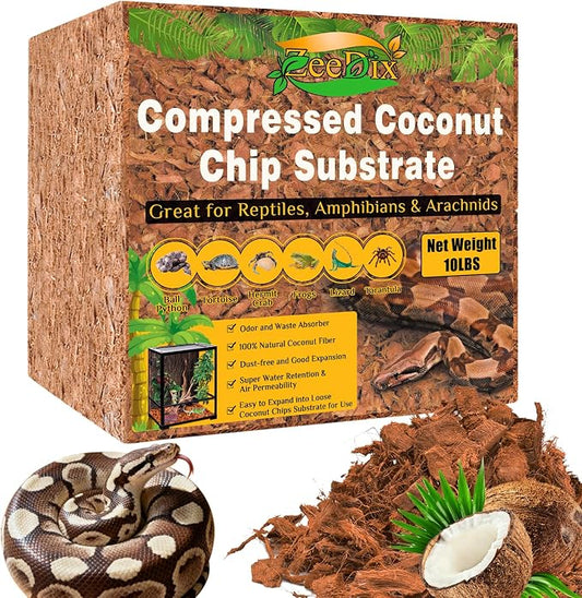 ZeeDix 10LBS Coconut Husk Chip Substrate for Reptiles, 72QT Compressed Organic Coco Coir Chips for Snake Habitat, Reptile Bedding for Ball Python, Tortoises, Geckos, Lizards Terrarium Tanks