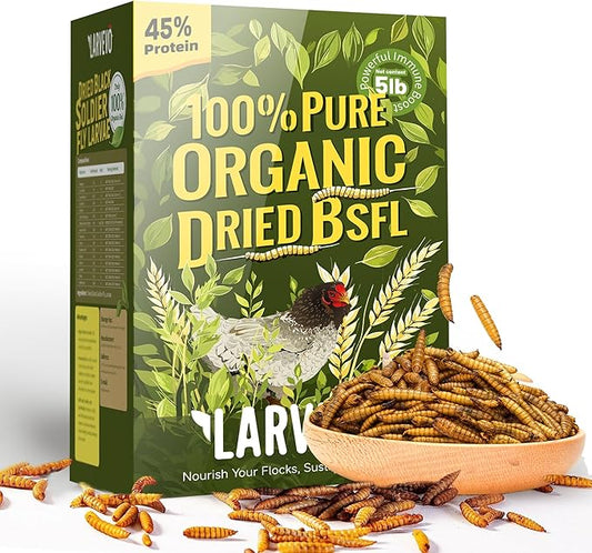 5LB Non-GMO Dried Black Soldier Fly Larvae for Chickens 45% Protein High Calcium Chicken Feed Alternative to Mealworms, Dried BSF Larvae Chicken Treats for Laying Hens Ducks Birds Reptiles
