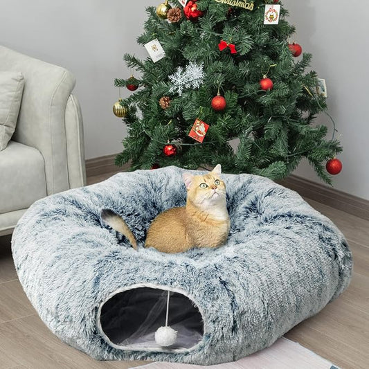 AUOON Cat Tunnel Bed for Indoor Cats - Large Cat Donut Tunnel with Hanging Ball Toy, Collapsible 2-in-1 Multifunctional Interactive Cat Toy for Kitten, Puppy, Rabbit, Ferret (Gray)