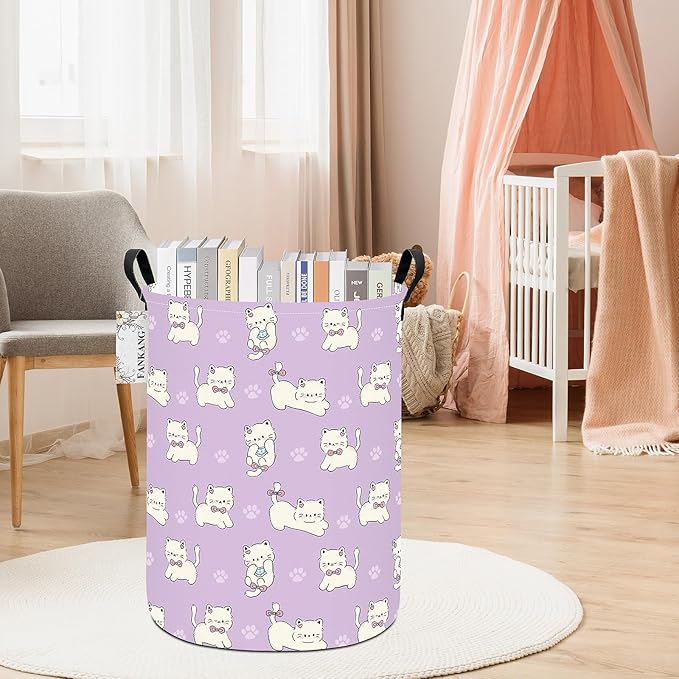 Storage Basket, Nursery Hamper Canvas Laundry Basket Foldable with Waterproof PE Coating Large Storage Baskets for Kids Boys and Girls, Office, Bedroom, Clothes,Toys(Cat)