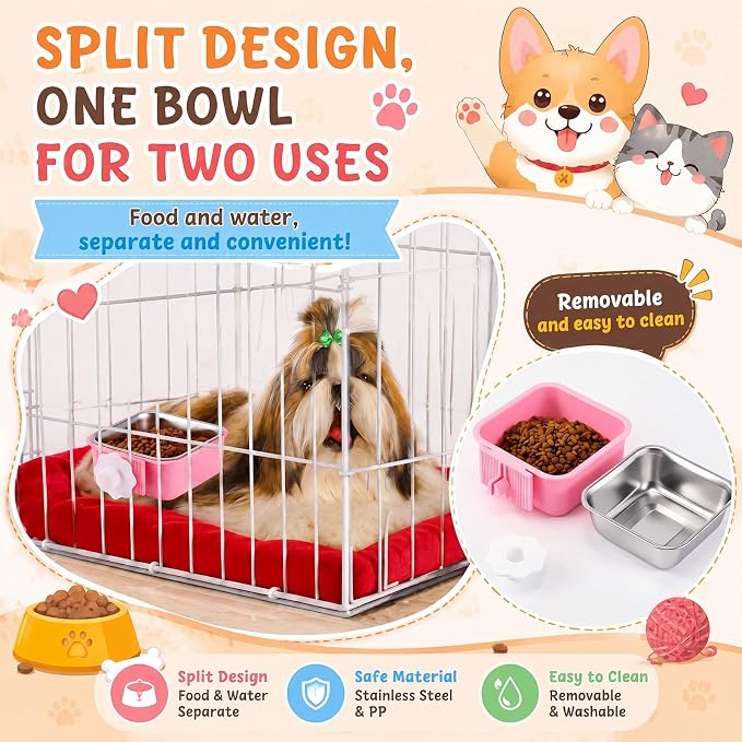 LemonRoad 12 Pcs Dog Crate Water Bowl Bulk No Spill Hanging for Kennel Removable Stainless Steel Puppy Food Water Feeding Bowls Cage Coop Cup for Dogs Cats Rabbits Birds Ferret(Square Bowl)