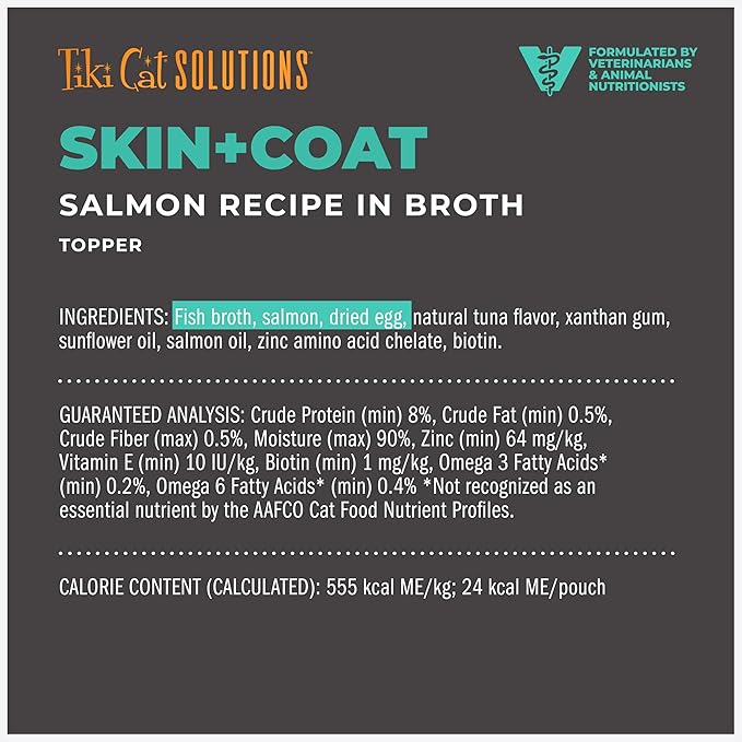 Tiki Cat Solutions Topper, Skin + Coat, Salmon Recipe in Broth, 1.5 oz. Pouch (12 Count)