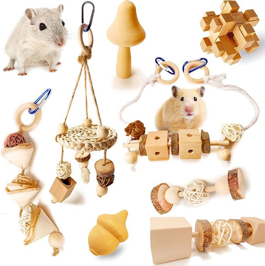 8 PCs Hamster Toys for Hamster, Gerbils, Mice, Rats and Other Small Animals to Chew and Play - Natural Molar Toys to Induce Teeth Grinding & Reduce Boredom and Depression
