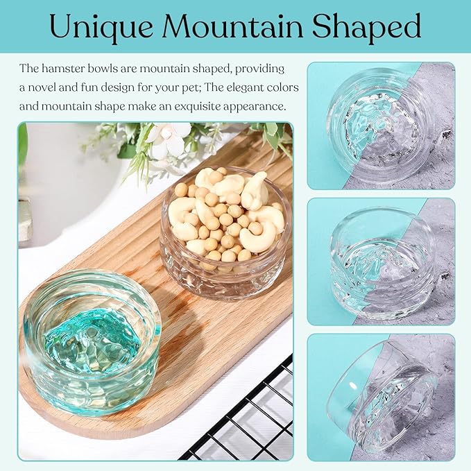 Baderke 2 Pcs Hamster Water Bowls Glass Hamster Food Bowls 35ml Mountain Style Drinking Container Anti Turning for Guinea Pig Gerbils Mice Rats Chinchilla Small Pets(Clear and Green)