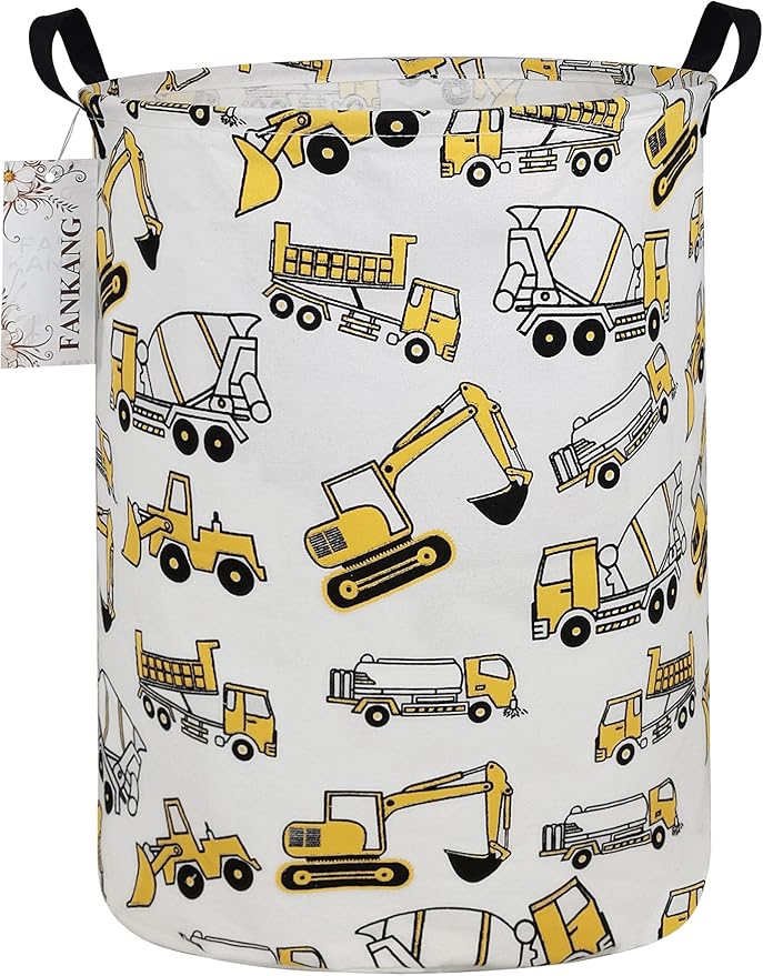 Storage Basket, Nursery Hamper Canvas Laundry Basket Foldable with Waterproof PE Coating Large Storage Baskets for Kids Boys and Girls, Office, Bedroom, Clothes,Toys（excavator）