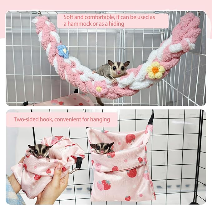 Hamiledyi Rat Hammock Sugar Glider Climbing Ropes Toys Rat Hanging Tunnel Hammock Swing Squirrel Hideout Bed Cage Accessories for Ferret Mouse Hamster Small Animals (Pink)