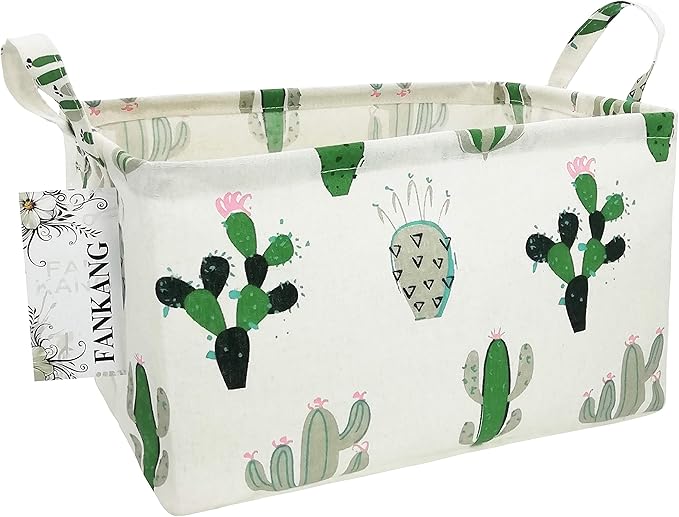 Storage Basket,Nursery Hamper Canvas Laundry Basket Foldable with Waterproof PE Coating Storage, Office, Bedroom, Clothes,Toys (L, Rec-Cactus)