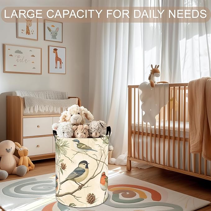 Vintage Birds Laundry Basket Hamper 19.7"x15.8", Bird and Pine Foldable Waterproof Oxford Clothes Storage Bucket for Room Bathroom Bedroom Nursery Decor, Toy Organizer Bins Gifts for Kids Boys Girls