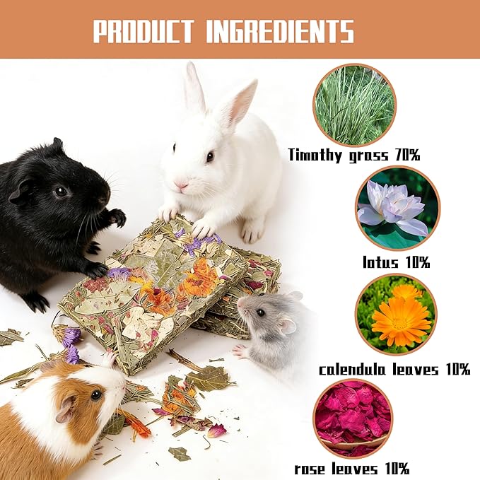 10 Pack Natural Timothy Hay, Bunny Chew Toy, Bunny Crisp Treat, Herbal Flowers Timothy Hay Food for Cleaning Teeth for Rabbit, Guinea Pig, Hamster, Chinchilla Rat, Gerbils, Small Animals