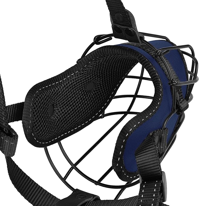 OOPSDOGGY Pitbull Dog Muzzle Reflective Metal Mask Secure Wire Basket Muzzles for Large Sized Dogs Amstaff Soft Cage to Prevent Biting Chewing with Adjustable Nylon Straps (Blue, Pitbull)