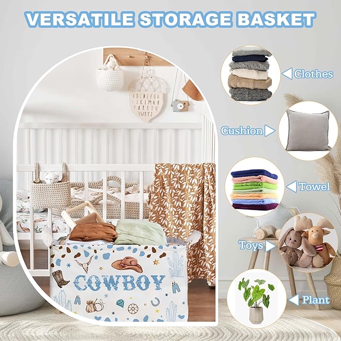 Western Basket for Cowboy Nursery Decor Boy, Blue White Brown Western Toy Bin, Cowboy Baby Shower Decorations, Large Squarecanvas Laundry Hamper With A Waterproof PECoating, Foldable