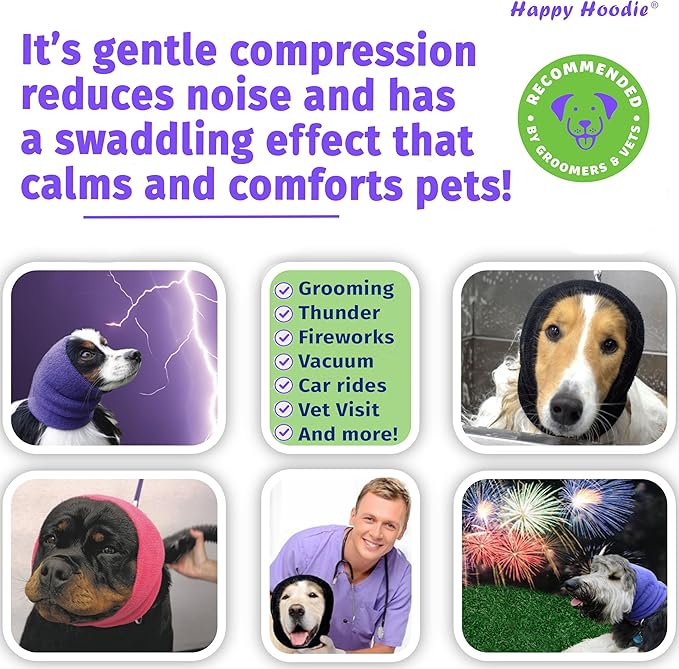 Happy Hoodie The Original Dog & Cat Calming Band - American Brand - Anxiety Relief/Noise Protection-Grooming-Thunder-Fireworks (XS, Purple) - Since 2008