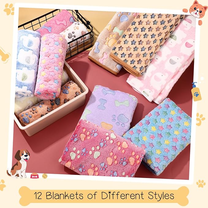 Tatuo 12 Pieces 41 x 30 Inch Dog Blanket Super Soft Warm Cat Sleep Mat Pet Kitten Doggy Fluffy Fleece Blankets with Cute Dog Paw Bone Star Elephant Patterns Printed Fluffy Blanket for Small Cat Puppy