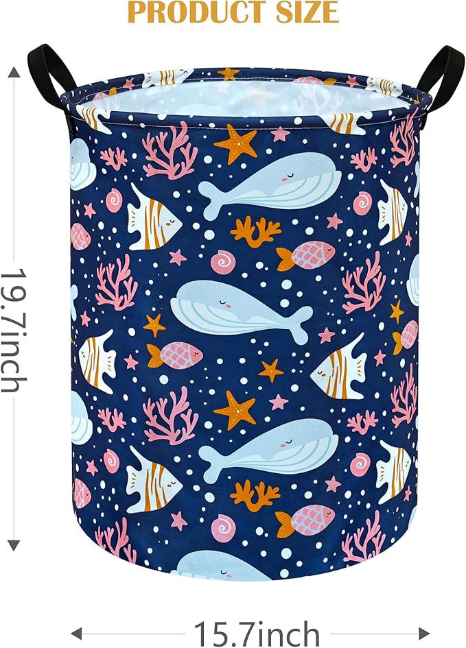 Kids Laundry Hamper Storage Basket Laundry Organizer Hamper Storage Bins Clothes Box Nursery Hamper Gift Basket with Handles (Whale)