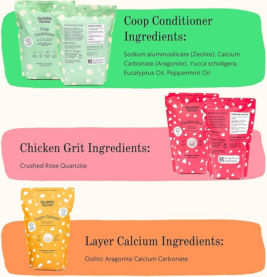 Grubbly Farms Coop Necessities Bundle - Chicken Grit, Layer Calcium & Coop Conditioner - Proper Digestion, Strong Eggshells & Odor Control - Rose Quartz Grit, Aragonite Calcium, Deodorizer