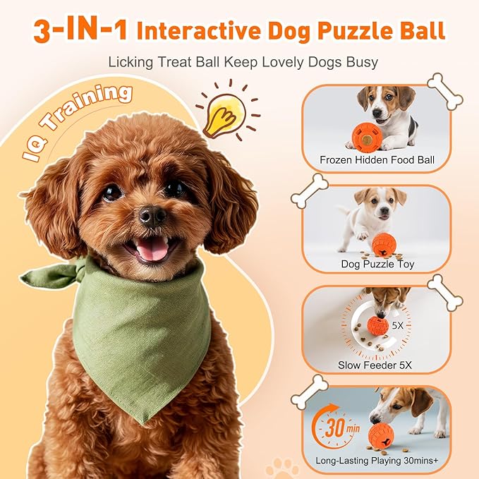 Interactive Dog Frozen Treat Toys, Dog Puzzle Enrichment Ball to Keep Them Busy, Slow Food Training, Durable Rubber Chew Dispensing Toy, Freezable Fillable Ball, for Small Medium Large Dogs (Orange)