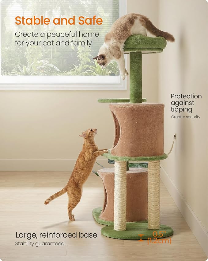 Feandrea Cat Tree, 42.9 Inches Tall Cat Tower, Multi-Level Plush Condo with Artificial Leaves, Scratching Posts, Grass Green and Camel Brown UPCT011C101S