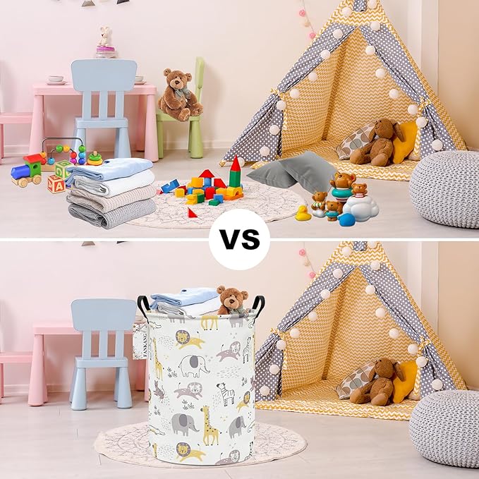 Storage Basket, Nursery Hamper Canvas Laundry Basket Foldable with Waterproof PE Coating Large Storage Baskets for Kids Boys and Girls, Office, Bedroom, Clothes,Toys(Lovely Animals)