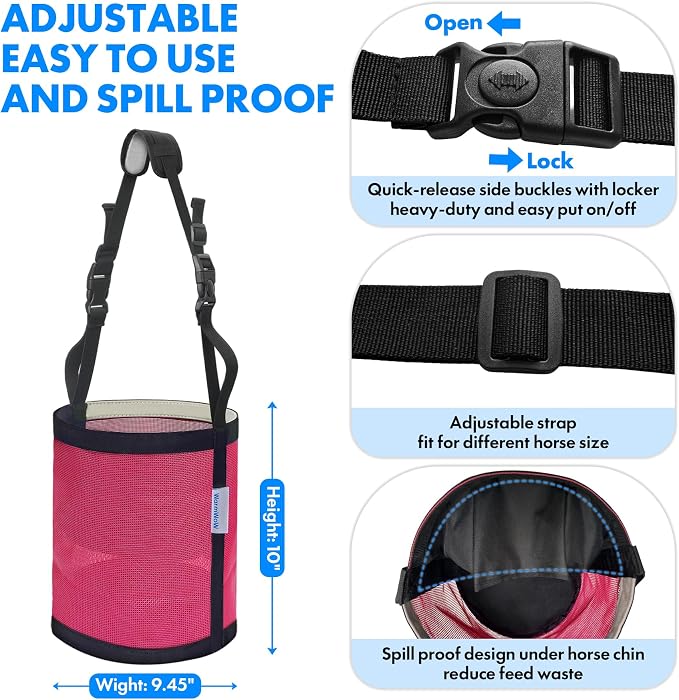 Horse Feed Bag Pack of 2 (Reinforced Bottom Edging), Feed Bags for Horses with Ventilation Mesh, Comfort Nose Pad Neck Pad, Adjustable Strap, Spill Proof Design for Feeding Grain, Supplements