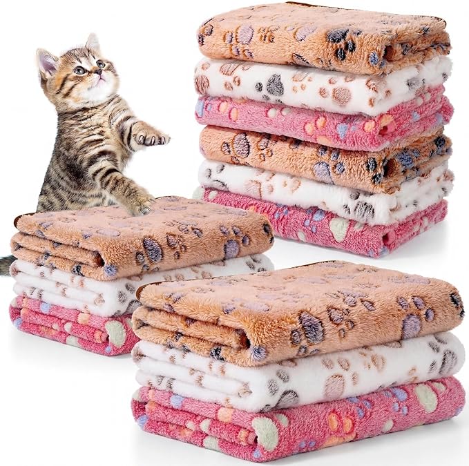 Tegeme 12 Pcs Pet Blankets 23 x 16 Inch Soft Fluffy Fleece Dog Cat Warm Paw Print Pattern Blankets Flannel Throw for Pets Dog Puppy Cat(Pink,Beige,Camel)