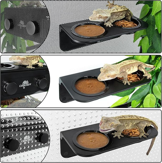 Magnetic Gecko Feeding Ledge, ABS Foldable Reptile Feeder Ledge with 6pcs Plastics Cups, 2 in 1 Reptile Food Water Dish, Terrarium Bowl for Chameleon Iguana, Strong Magnets, Easy to Clean