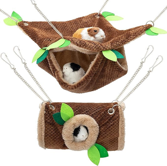 Small Animal Hammock - Hanging Hammock & Tunnel Hideout for Guinea Pig Hamster Parrot Rat Chinchilla - Warm Swing Plush Cage Bed Washable Pet Hammock with 5.9" Chian