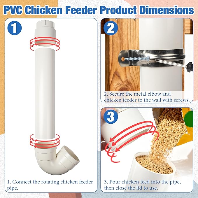 Homar 3pc Automatic PVC Chicken Feeder - No Waste, 6lb Large Capacity Heavy Duty Rat Proof PVC Pipe Tube Chicken Feeder for Coop Poultry Long Feeding