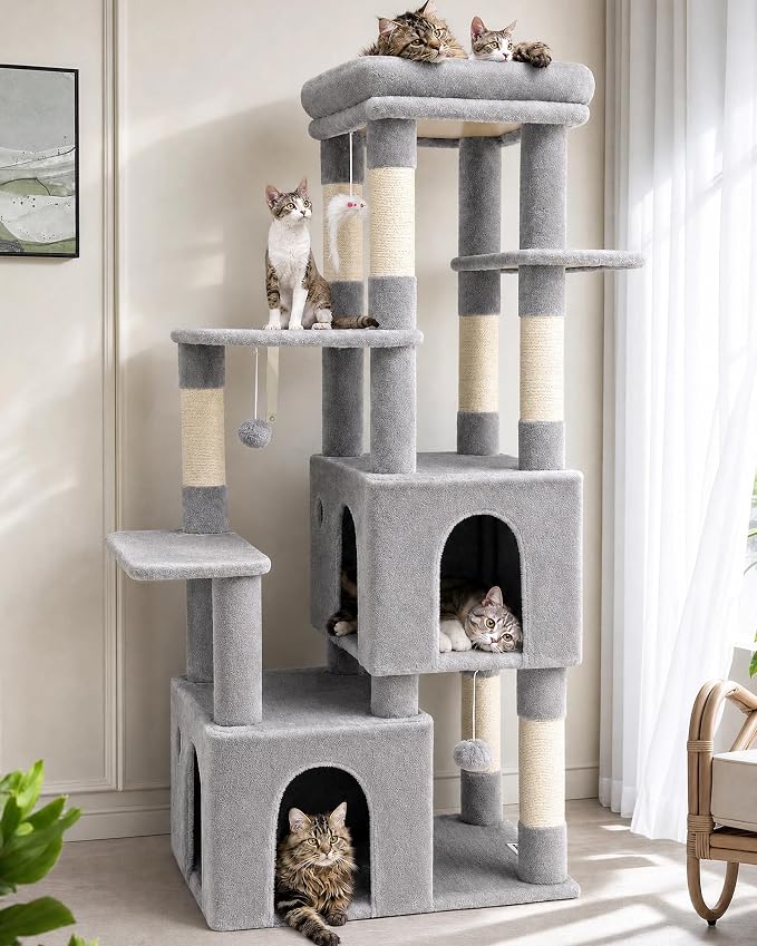 Globlazer Cat Tower for Indoor Cats, Heavy Duty Cat Trees for Large Cats Adult Big Cats Maine Coon Cat Tree Tower with Scratching Post, Extra Large Top Perch, Cat Condos, F61, Light Grey, 61inch