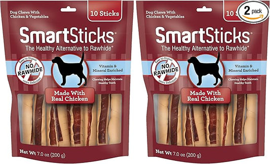 SmartBones SmartSticks, Treat Your Dog to a Rawhide-Free Chew Made with Real Chicken and Vegetables, 10 Sticks, (Pack of 2)
