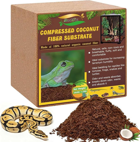 ZeeDix 10LBS Coconut Fiber Substrate, 100% Organic Coconut Husk Coco Coir Brick Terrarium Bedding for Reptiles, Tortoise, Bearded Dragon, Leopard Gecko, Snake, Hermit Crabs, Frogs, Tarantula