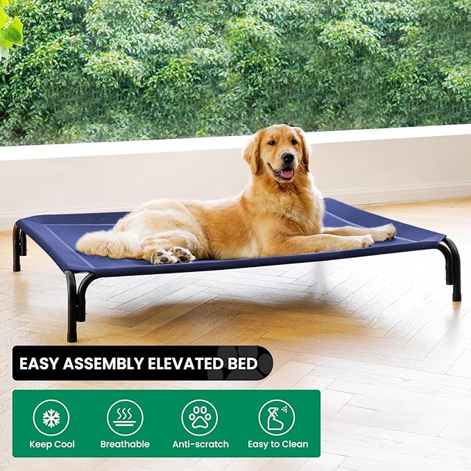 Elevated Dog Bed Raised Outdoor Dog Cot for Extra Large Dogs, Installation Requires No Tools, Frame with Washable Cooling Breathable Mesh Anti-Slip Feet, Indoor Pet Bed, Blue, 53.9 Inches